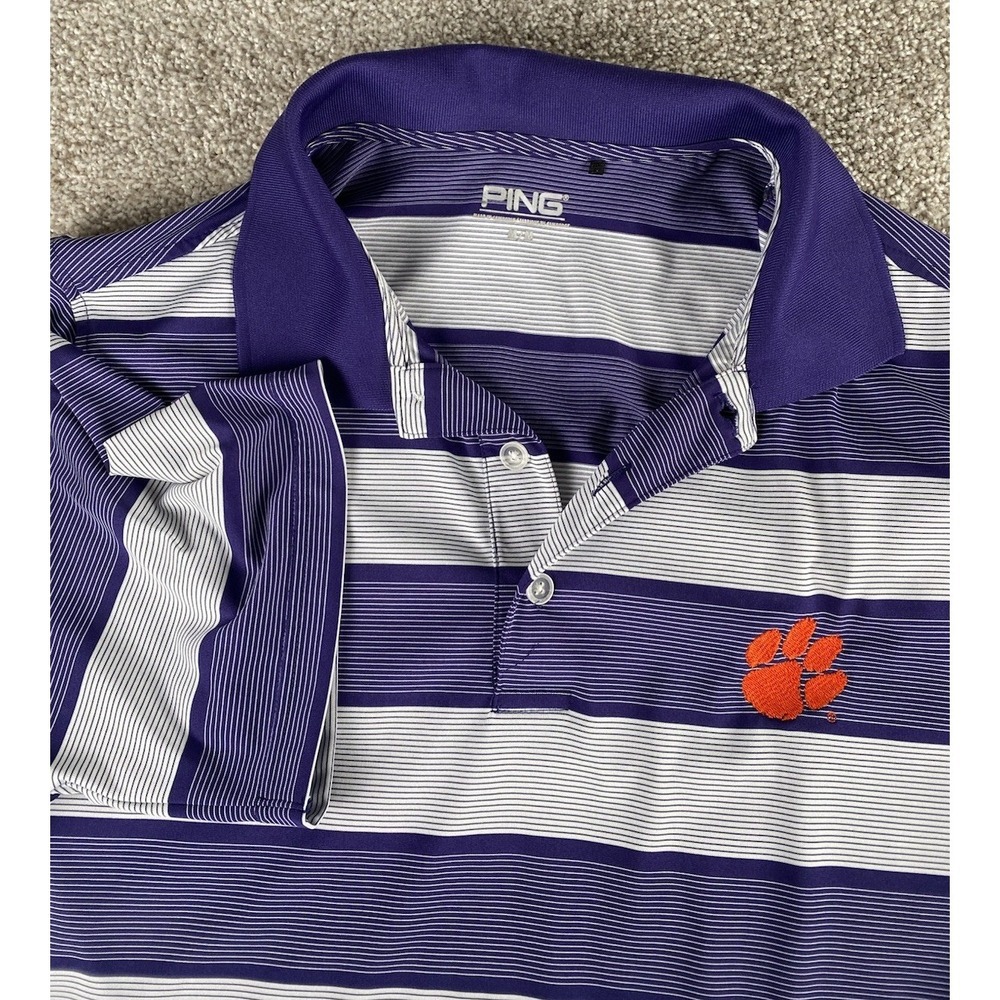 Ping Performance Clemson Tigers Striped Polo Mens M White/Purple NCAA Paw Active